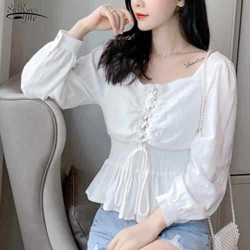 2021 Autumn Fashion Korean Lace-up Shirt Short Sleeve Chiffon Blouse Square Collar White Short Length Blouses Women Shirts 10584