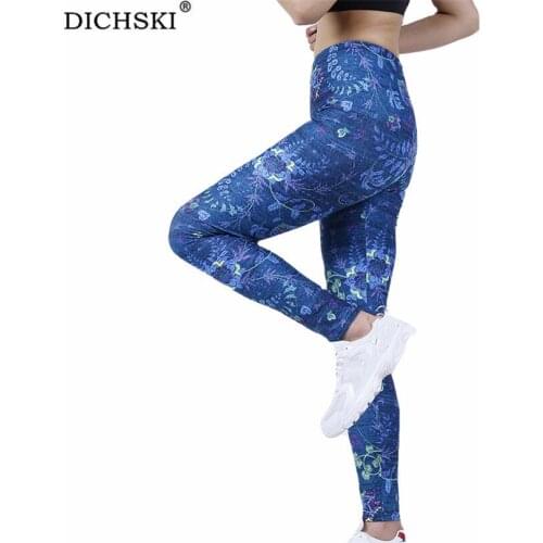DICHSKI Yoga Pants Push Up Leggings Women Gym Sport Fitness Elastic High Waist Workout Retro Blue Floral Full Length Running