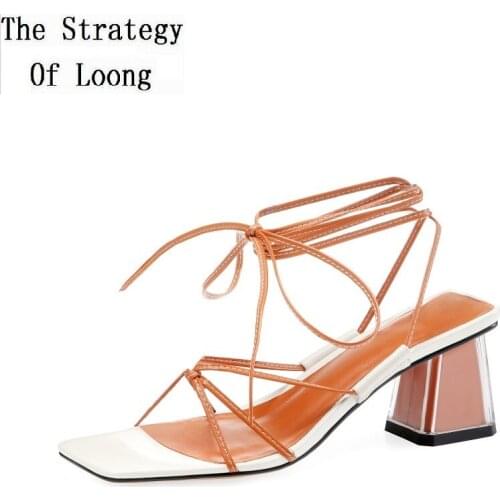 Summer New Fashion Sexy Cross-tied Crystal Thick High Heels Square Toe Peep Toe Hollow Women Gladiator Sandals 20200619