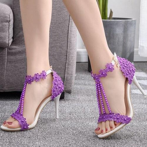 Crystal Queen Women Sandals White Lace Flowers Pearl Tassel Bridal 9cm Heel Fine High Heels Slender Bridal Pumps Wedding