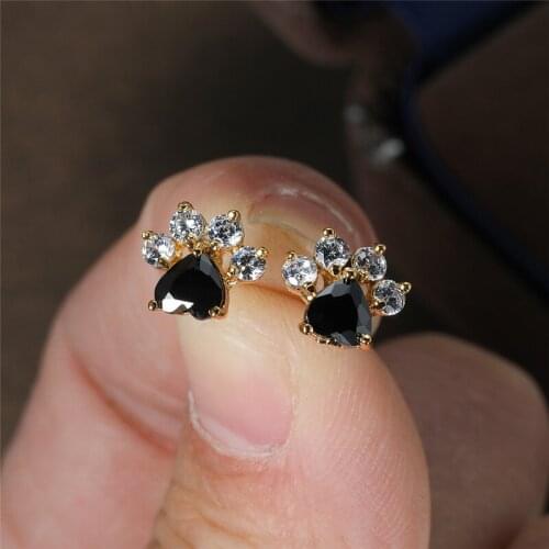 Black Heart Stone Cute Cat Paw White Zircon Stud Earrings For Women Wedding Jewelry Vintage Fashion Animal Footprint Earrings