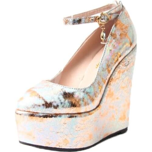 Women Pumps 2020 Wedding Party Shoes PU Buckle Strap 15CM Wedges High Heels Round Toe printing Flower waterproof shoes woman