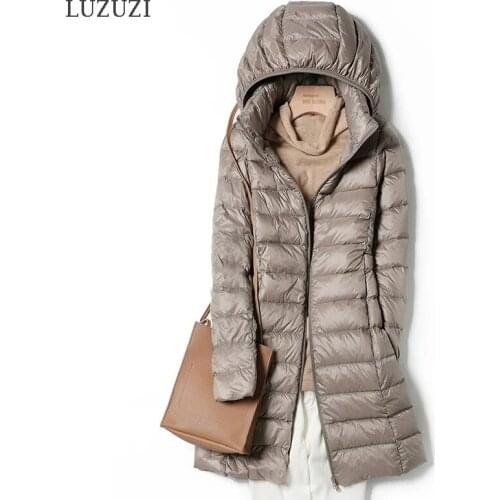 LUZUZI Winter Plus Size 5XL Womens Down Jackets 2021 Long Ultra Light Thin Casual Coat Puffer Jacket Slim Remove Hooded Parka