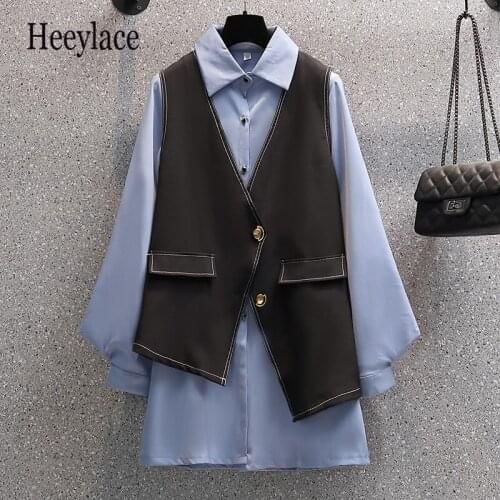 Plus Size Office Ladies Elegant Two Pieces Set Korean Casual Lantern Sleeve Blouse And Vest Dress Suits 4XL Female Autumn Outfit