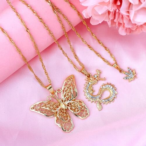 Flatfoosie 3Pcs/set Crystal Dragon Maple Leaf Pendant Necklace for Women Fashion Gold Color Hollow Butterfly Necklace Jewelry