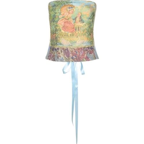 Women Sexy Strapless Bustier Crop Top Retro European Painting Corset Bandeau Criss Cross Lace-Up Aesthetic Tube Top