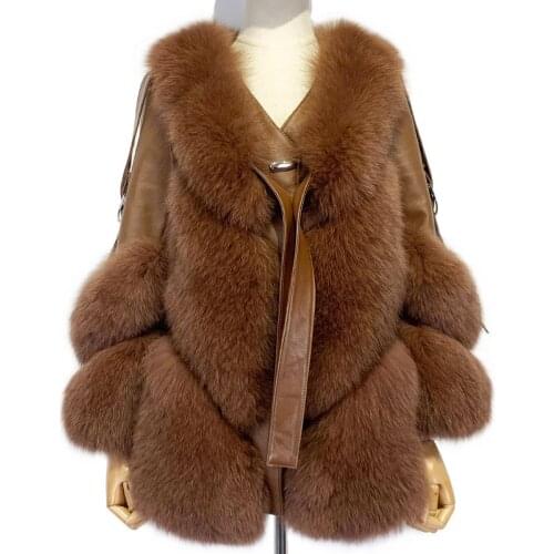 2021 Ladies Winter New Natural Fur Coat Long Sleeve Womens Real Fox Jacket Medium Length Outwear