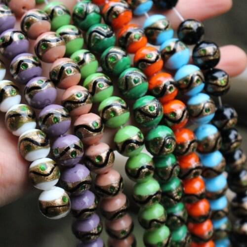 10Pcs 12mm Handmade Lampwork Glass Beads Round Ethnic Gold Powder with Black Drawing Charms for jewelry Bracelet Necklacemaking