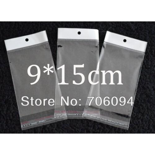 FreeShipping 9*15cm,1000pcs/lot Clear Self Adhesive Seal Poly Opp Plastic Bag With Header ,Hole Jewelry Earring Packing bag