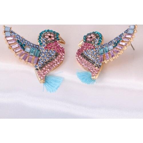 Sparkly Colorful Rhinestones Bird Vintage Earrings for Women Crystal Metal Alloy Tassels Statement Dangle Earrings Party Jewelry
