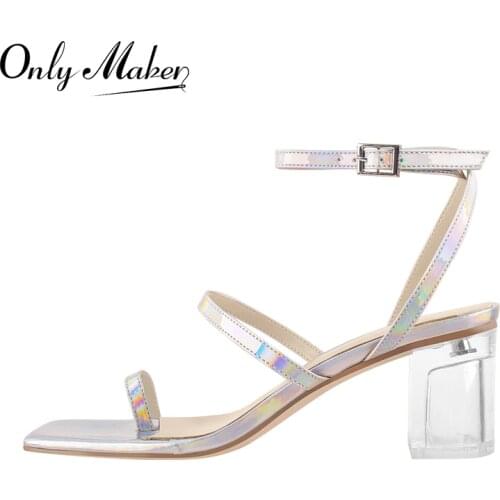 Onlymaker Summer Square Toe Buckle Sandals Ankle Strap Patent Leather Clear Chunky Heels Flip Flops Shoes Casual Comfortable