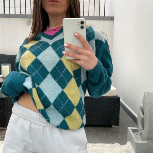 Dourbesty Women Argyle Plaid Sweater Pullovers Long Sleeve Preppy England Style Y2K E-Girl 2021 Autumn Winter Sweater Knit Tops