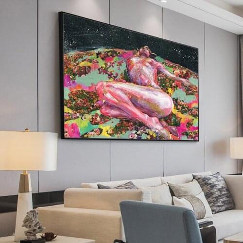 Rainbow Cute Fat Boy and Sexy Woman Among Flowers Posters Wall Paintings Art On Canvas Living Room Decoration Pictures Cuadros