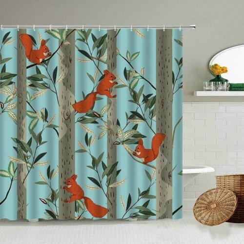 Forest Bamboo Branch Squirrel Shower Curtain Cartoon Hand Painted Animal Plant Child Bathroom Home Decoration Waterproof Screen