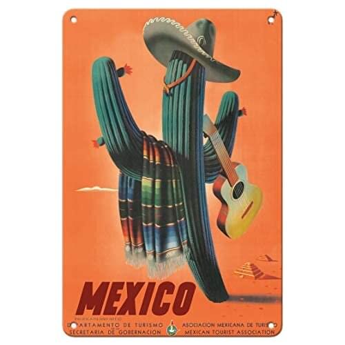 Mexico - Senor Cactus Wearing a Sombrero, Serape, and Guitar - Mexican Department of Tourism by Espert c.1945 Metal Tin Sign