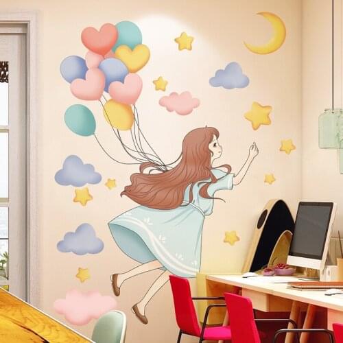 Cartoon Girl Balloons Wall Stickers for Kids Rooms Baby Bedroom Decoration DIY Mural Decals