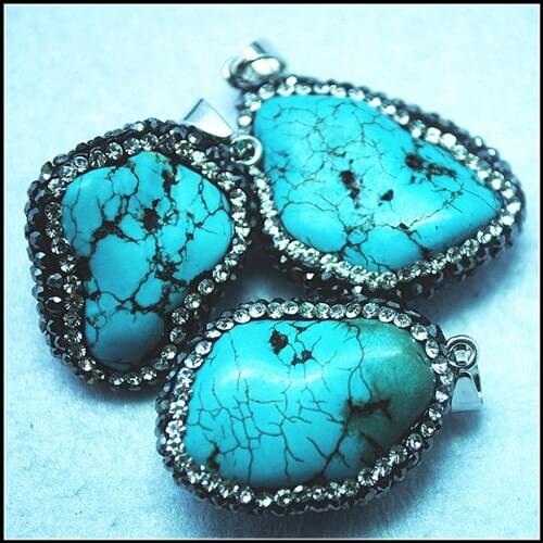 Nature blue turquoisee stone pendants with rhinestone gem stone beads accessories 3 types matching beads