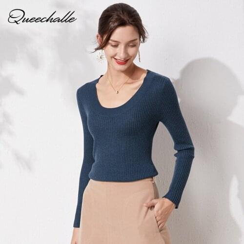 Autumn Pullover Womens Solid O-neck Slim Knitted Sweater Pullovers Deep Blue Basic Elastic Sweaters Casual Female Tops