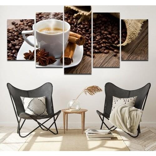 Star Anise Cinnamon Poster Hd Printing Five Pcs Coffee Cup and Coffee Beans Canvas Painting Wall Art for Coffee Shop Home Decor