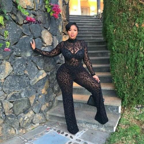 Transparent Leopord Pattern Long Sleeve One-Piece Jumpsuit Women Sexy Turtleneck Back Zip High Waist Trousers Body Suit Clubwear