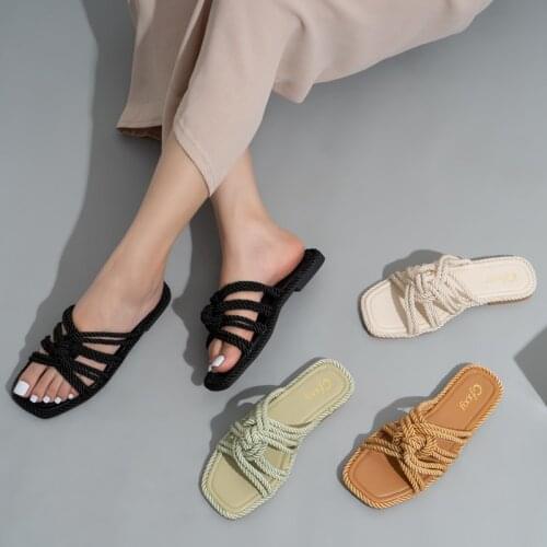 Explosive hemp rope flat sandals womens casual solid color square toe hollow flat heel womens slippers