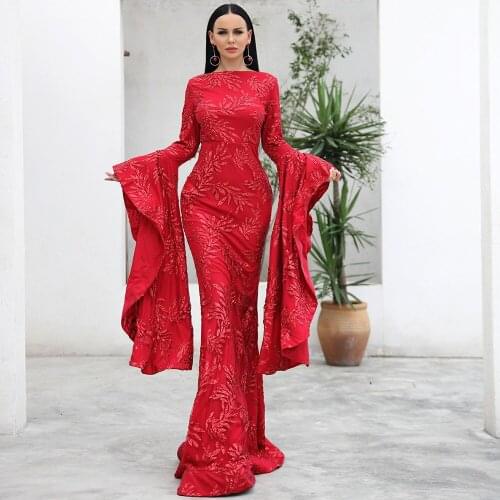 Sexy red dresses Women Autumn O Neck Flare Sleeve Dress Solid out Glitter Elegant Dress