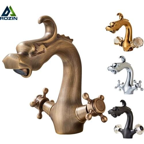Dragon Carved Basin Faucet Antique Bronze Bathroom Vessel Sink Faucet Dual Handle Bathroom Mixer Tap Animal Shape tap