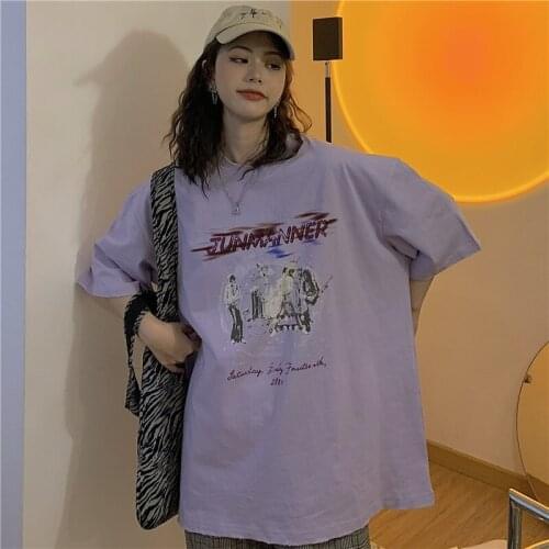 Retro Letter Print Loose Tshirt Womens T-shirts Tops Japanese Kawaii Ladies Ulzzang Female Korean Harajuku Clothes For Women