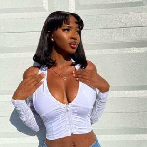 Sexy Halter V-Neck T-Shirt Women Long Sleeve Mesh Patchwork Crop Top 2021 Club Party Night Black White Tops Tee Shirts Mujer