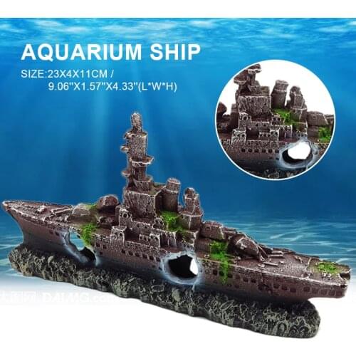 1PC Aquarium Ship Wreck Ornament Navy War Boat Fish Tank Cave Decors Aquarium Background Ornaments
