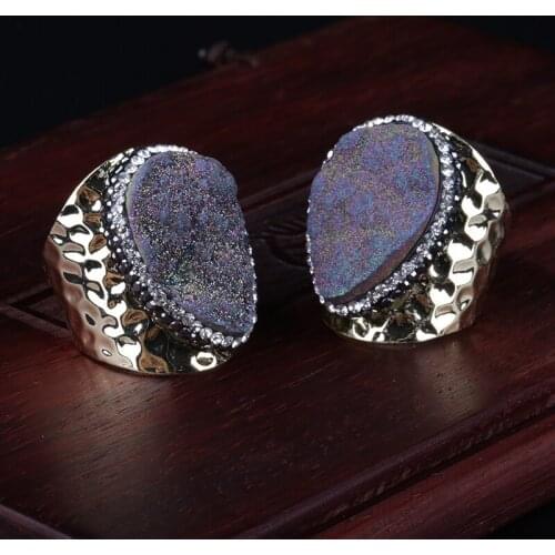 2020 Natural Rough Teardrop Color Raw Druzy Stone Bead Charm Pave Rhinestone Big Wide Wrap Hammered Gold Unisex Open Ring Cuff