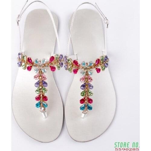 2021 Women`s Summer Bohemia Diamond Sandals Flat Beach Shining Crystal Boho Shoes T-strap Thong Flip Flops Slippers Plus Size