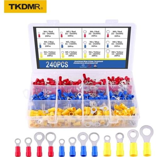 240PCS 12Kinds RV) Ring Terminal Electrical Crimp Connector Kit Set With Box,Copper Wire Insulated Cord Pin End Butt