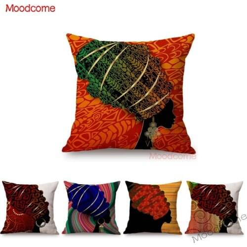 African Woman With Headwrap Scarf Abstract Black Women Home Decorative Sofa Throw Pillow Case Soft Cotton Linen Cushion Cover