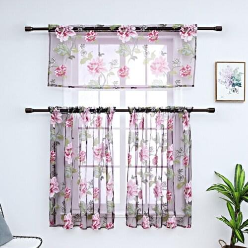 American Style 3Pcs/Set Peony Flower Tulle Window Curtain Kitchen Short Curtain for Living Room Drape Panel Screen Voile Curtain