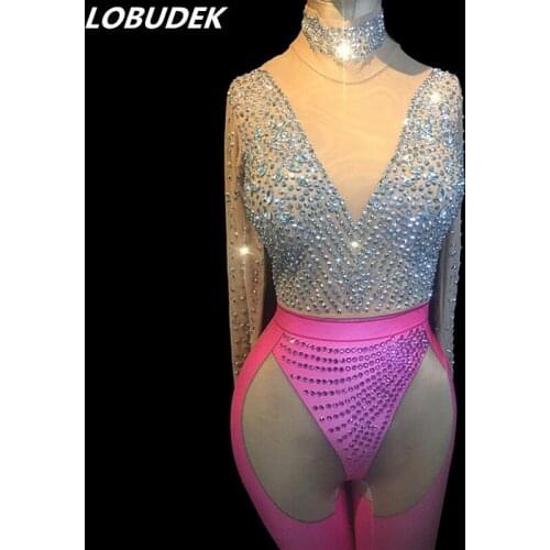 Sparkly Rhinestones Mesh See Through Long Sleeve Jumpsuit Sexy Nightclub Women Singer Costume Birthday Celebrate Party Jumpsuit