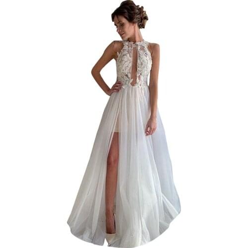 Evening Dreses New High Neck Backless Sexy Wedding Party Gowns Slit Robe De Soiree Long Dress Abendkleider Abiye Gece Elbisesi