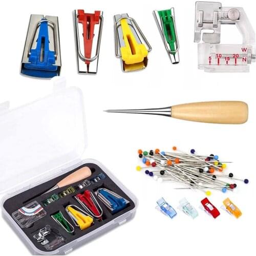 KAOBUY Fabric Bias Tape Makers Kit With Sewing Awl, Bead Needles,Adjustable Binder Clip,Wooden Awl