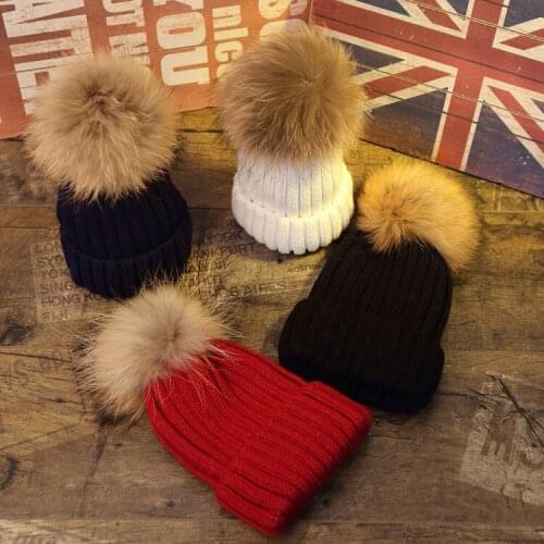 Mink and fox fur ball cap pom poms winter hat for children girls wool hat knitted cotton beanies warm brand new thick baby cap