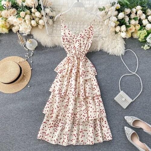 Sanishroly Summer Women Long Beach Dress Sexy V-Neck Heart Print Spaghetti Strap Dresses Female Ruffles Cake Dress Vestidos S929