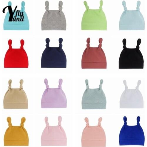 Yundfly Cute Cartoon Knotted Infant Hats Monolayer Solid Color Knitted Cotton Baby Girls Caps Newborn Headwear Photography Props