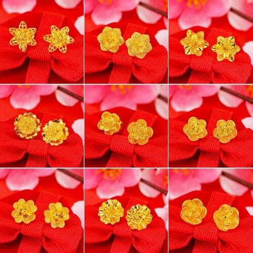 Trendy 24K Gold Stud Earrings for Women Rose Flower Earings Pure Gold Korean Earrings Fashion Wedding Jewelry Wholesale