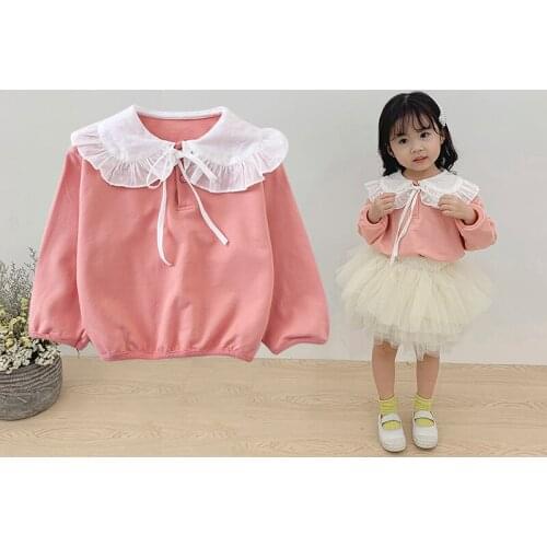 Baby girl clothes girls spring and autumn cute lace lapel solid color pullover sweater pure cotton casual long-sleeved top