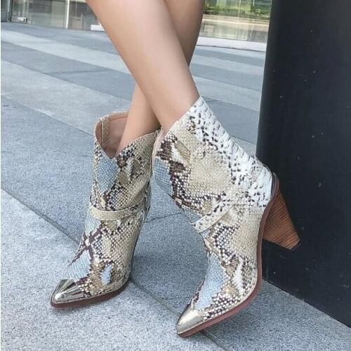 Sexy Snake Print Leather Ankle Boots Short Cone Heels Pointed Toe Python Runway Bootie 2019 Fall Dress Shoes Customized