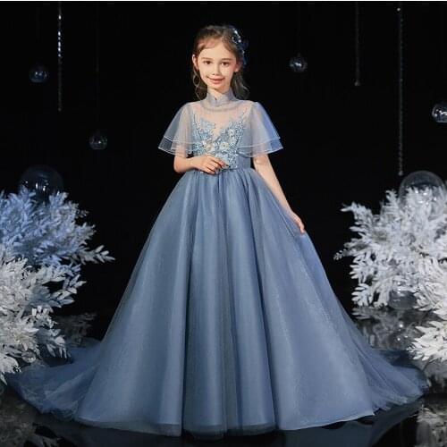 Flower Girl Dresses Princess Short Luxury Blue Tulle Lace Elegant Ball Gown Floor-Length Tiered Embroidery Kids Party Dress D250