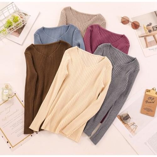 2021 Sweater Pullover Women Basic V-neck Solid Autumn Winter Female Knitted Sweater Slim Long Sleeve Badycon Sweater Cheap Tops