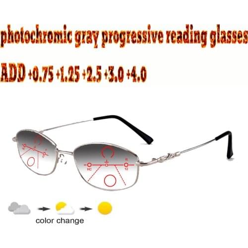 Alloy Frame Ultralight Photochromic Progressive Multifocal Reading Glasses Business Women+1.0 +1.5 +1.75 +2.0 +2.5 +3 +3.5 +4