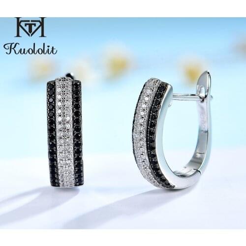 Kuololit Classic 925 Sterling Silver Round Black Trendy Spinel Engagement Hoop Earrings for Women New Arrival Fine Jewelry 2021