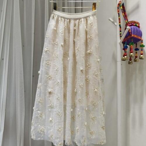 Korean Spring Summer Embroidered Mesh Nail Beads Vintage Puffy Fairy A-line Skirt Female Elastic High Waist Skirts Women Clothes