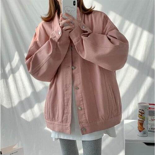 Casaco Feminino Pink Denim Jacket Women Spring Autumn Single-Breasted Korean Version Loose Street Personality Tooling Jean Tops